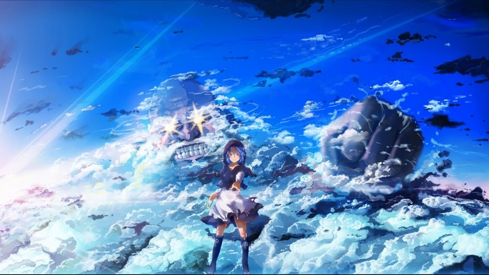 Anime girl in clouds with giant faces