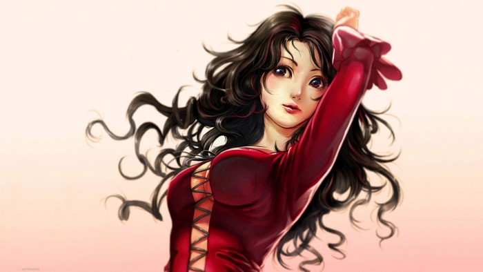 Anime girl with long black hair in a red dress