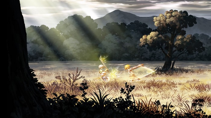 Anime characters fighting in a sunlit field