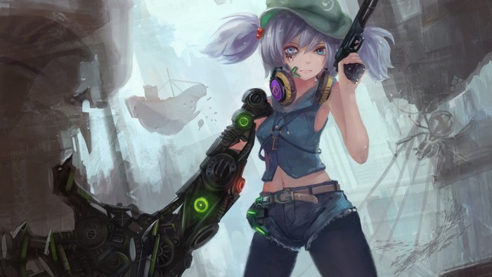 Touhou's Nitori Kawashiro with a mechanical arm and gun