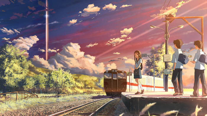 Anime train station at sunset with students