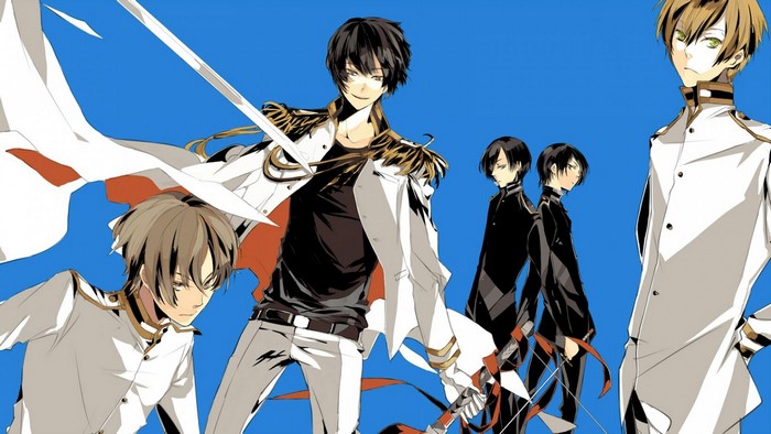 Anime boys in military-style uniforms with swords