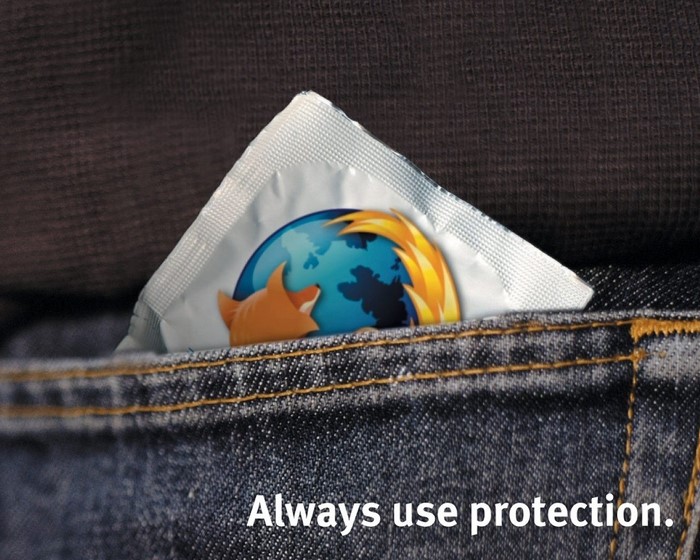 Mozilla Firefox logo on condom wrapper in jeans pocket
