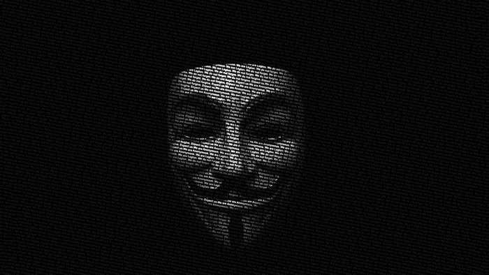 Anonymous mask made of text on black background