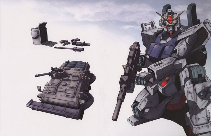 Gundam mecha with weapons and tank