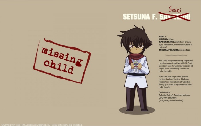 Setsuna F. Seiei from Mobile Suit Gundam 00 missing child poster