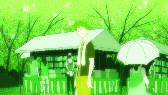 Watashi from The Tatami Galaxy at an outdoor book stall