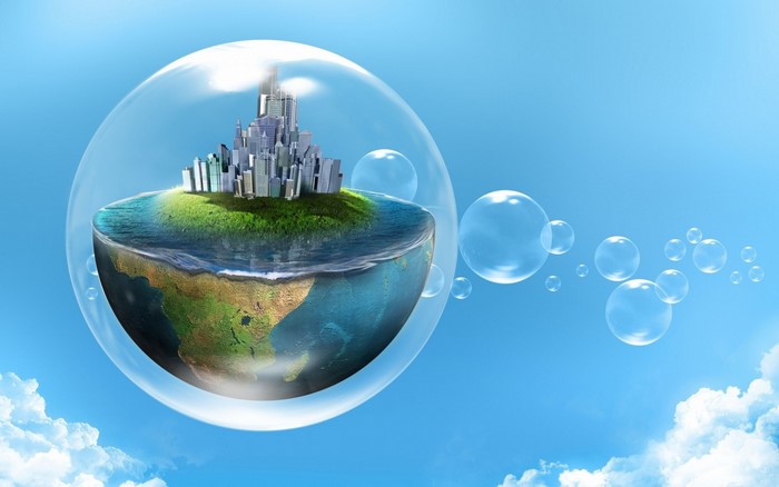 Earth inside a bubble with city and bubbles