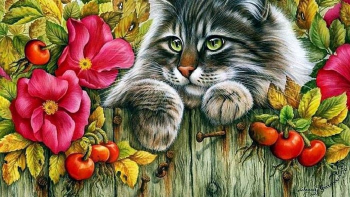 Painting of a cat peeking over a wooden fence with flowers and berries