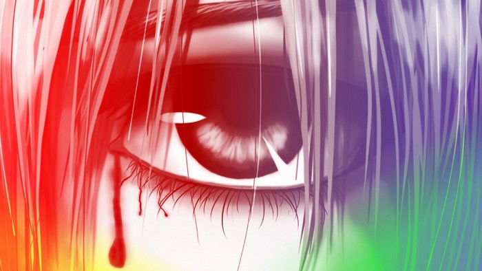 Close up of an anime girl's eye with rainbow hair