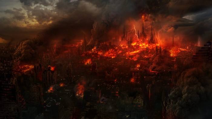 Apocalyptic city on fire with lightning and smoke