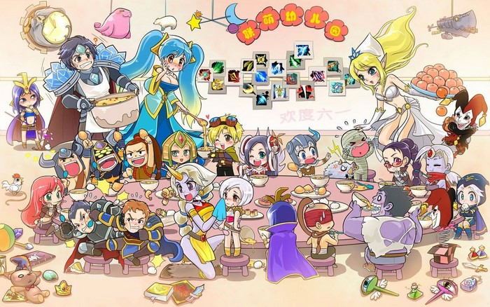 League of Legends characters having a meal together