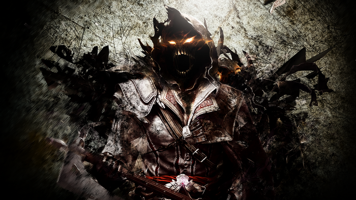 Dark figure with glowing eyes and ornate clothing