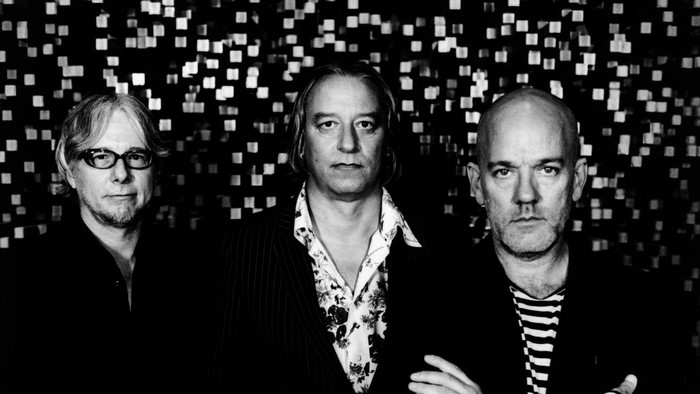 R.E.M. band members in monochrome portrait