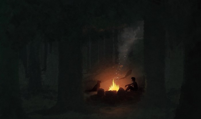 Person and fox by campfire in dark forest