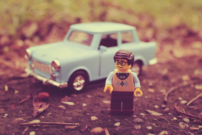 LEGO man with vintage Trabant car