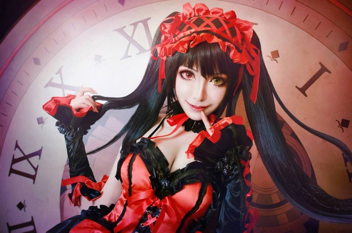 Tokisaki Kurumi in Red Corset with Clocks Background