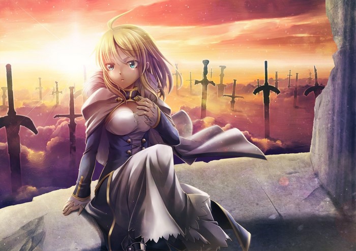 Saber from Fate Stay Night in a field of swords