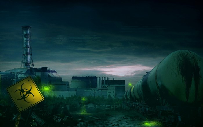 Apocalyptic industrial landscape with biohazard sign