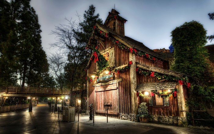 Wooden building decorated for Christmas at night
