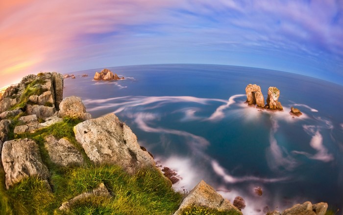 Rocky coast with sea stacks at sunset