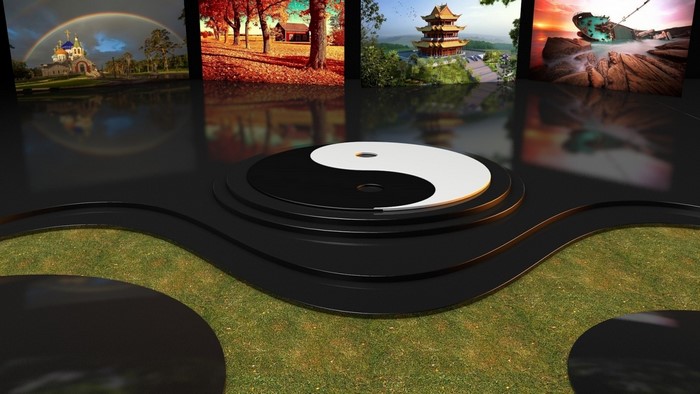 Ying Yang symbol on a stage with scenic backgrounds