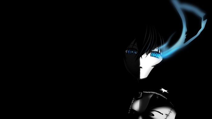 Black Rock Shooter anime character with blue glowing eyes