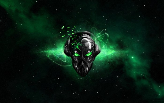 Digital art of a robotic head with headphones in space