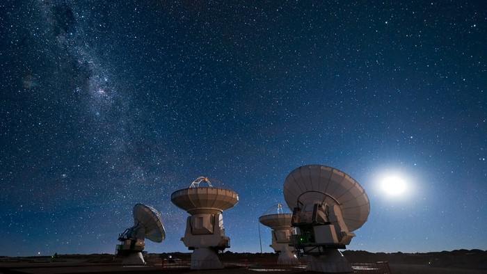 Radio telescopes under a starry night sky with the Milky Way