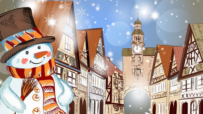 Snowman in a European town square at Christmas