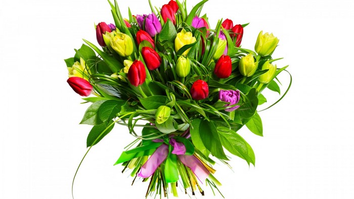 Colorful bouquet of tulips with green leaves and ribbon