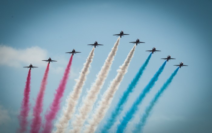 Red Arrows aerobatic team flying in formation