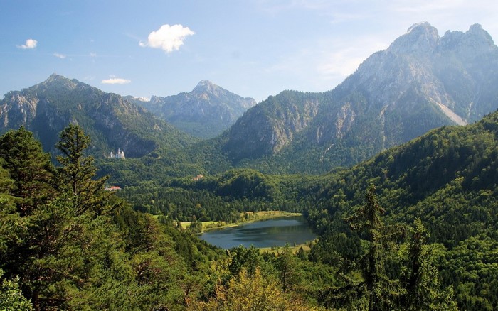 Mountain valley with lake and castle