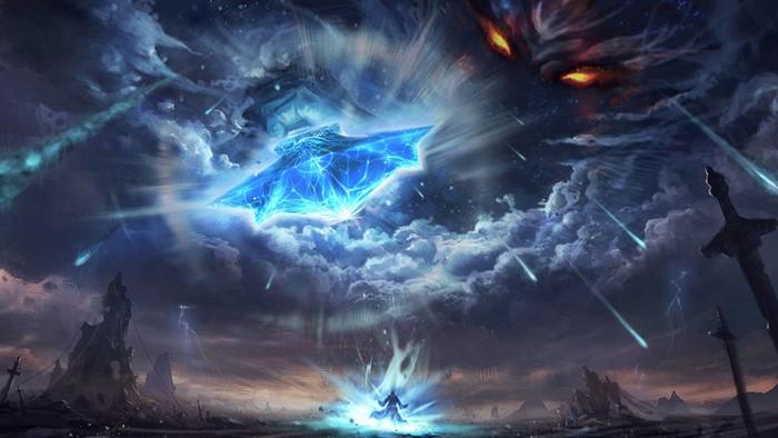 Fantasy battle with celestial crystal and fiery entity