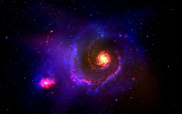 Spiral galaxy in deep space with stars and nebula