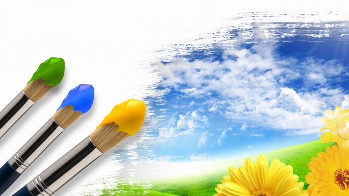 Paintbrushes painting a landscape with flowers
