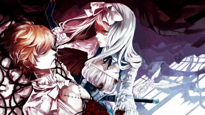 Anime illustration of two characters with a sword