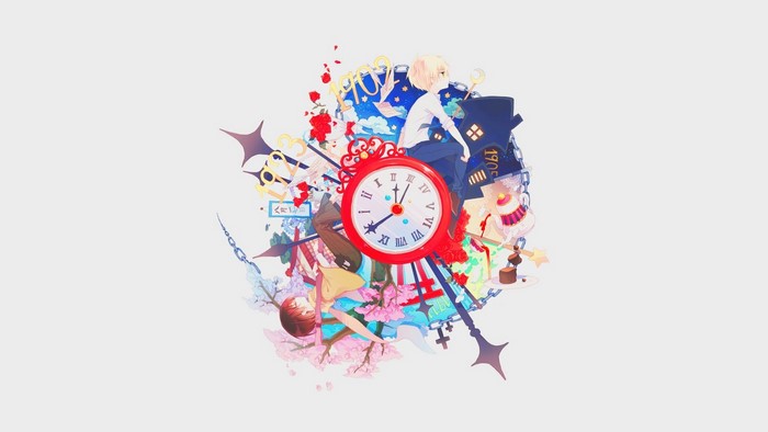 Anime illustration with clock and characters