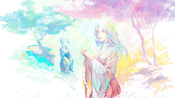 Two anime girls in a colorful, dreamlike landscape