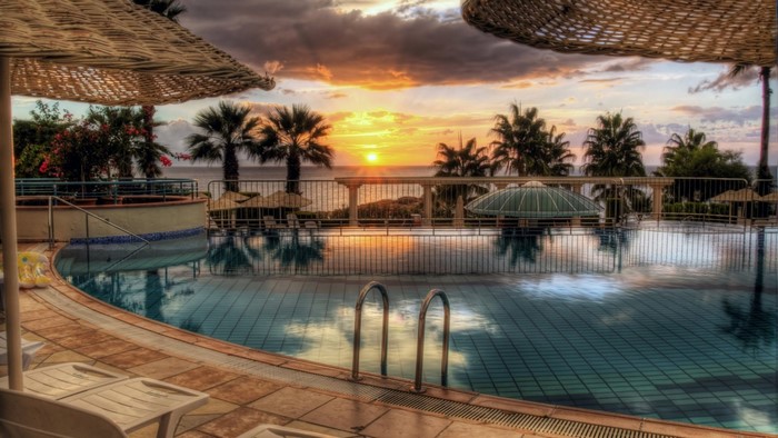 Swimming pool at sunset with palm trees and ocean view