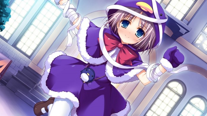 Anime girl in purple penguin costume