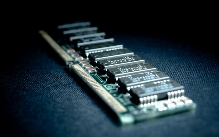 Close up of a computer RAM module with chips