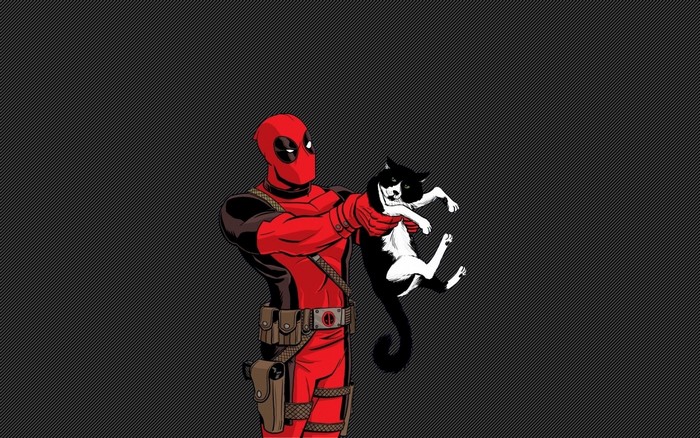Deadpool holding a black and white cat
