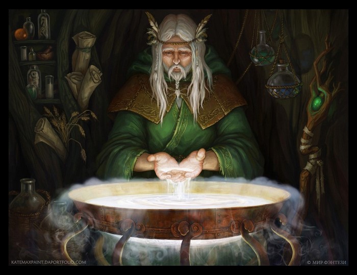 Fantasy wizard preparing potion in cauldron