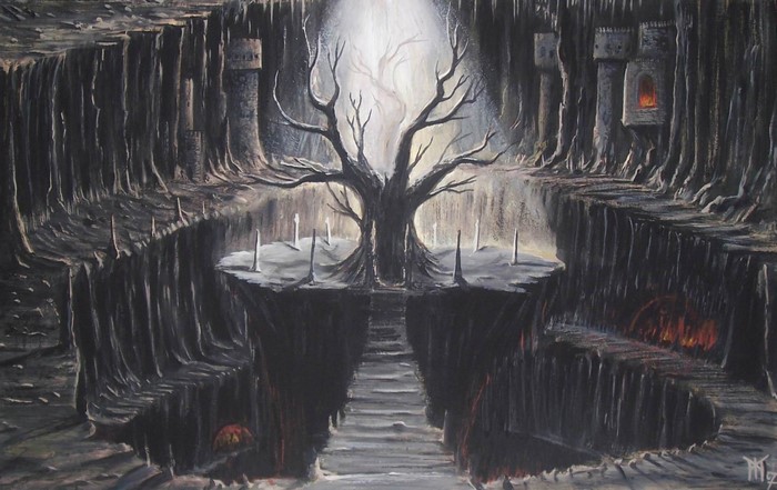 Dark fantasy landscape with ancient tree and towers