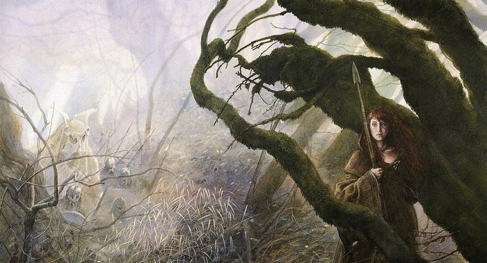Woman with spear in mossy forest