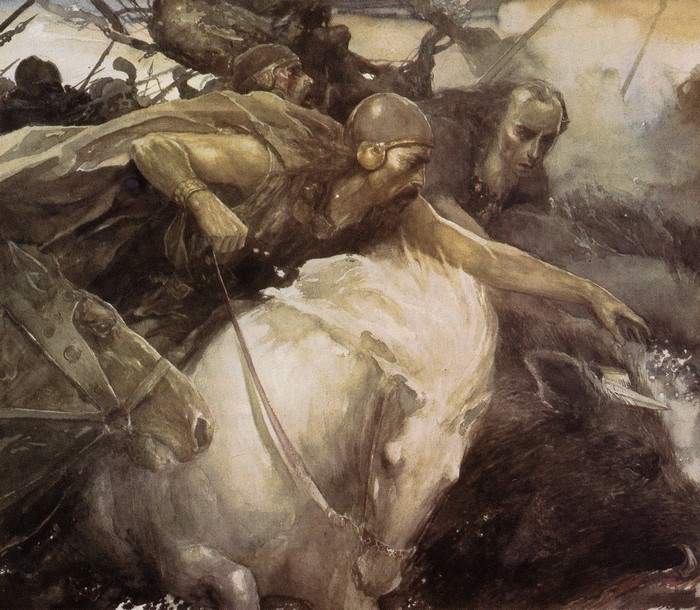 Warriors on horseback fighting a boar