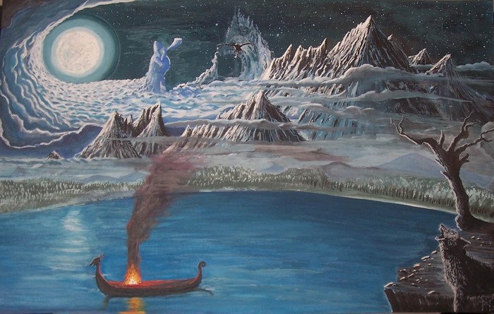 Norse Mythology Painting of a Boat with Fire and Mountains