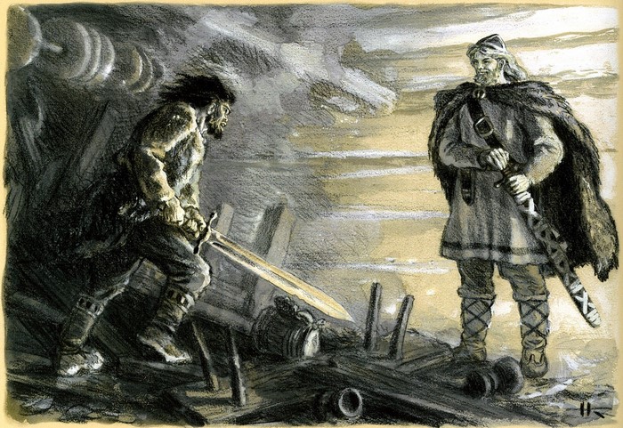 Two Viking warriors with swords in a battle scene