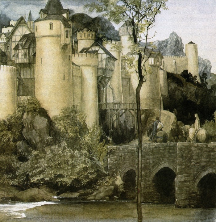 Castle on a rocky outcrop with a bridge and figures